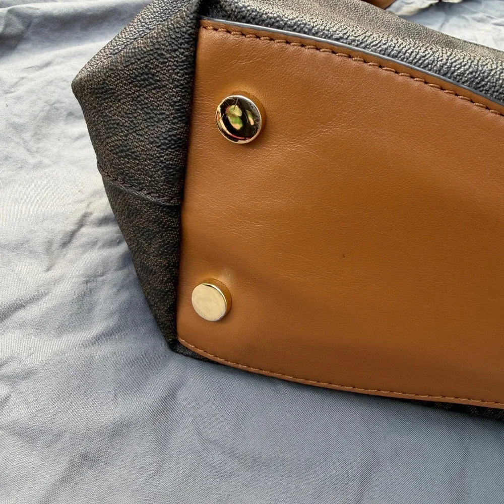 Michael Kors Brown Signature MK PVC Shoulder Tote Bag Acorn Leather Trim Large